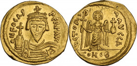 Phocas (602-610). AV Solidus. Constantinople mint, 603-607 AD. Obv. DN FOCAS PERP AVG. Crowned and cuirassed bust facing, holding globus cruciger in r...