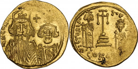 Constans II (641-668). AV Solidus, Constantinople mint, c. 661-663 AD. Obv. ∂ N CONST[ ]Draped busts of Constans, wearing plumed helmet and long beard...