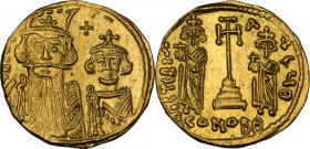 Constans II (641-668). AV Solidus, Constantinople mint, c. 661- 663 AD. Obv. ∂ N COSτ AN. Draped busts of Constans, wearing plumed helmet and long bea...
