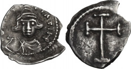 Constans II (641-668). AR Half Siliqua, Carthage mint, 641-647 AD. Obv. [ ]TATINP(NP ligate). Bust facing, beardless, wearing crown and chlamys, and h...