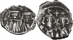 Constans II, with Constantine IV, Heraclius, and Tiberius. (641-668). AR Half Siliqua, Carthage mint, 662-668 AD. Obv. Crowned, draped, and cuirassed ...