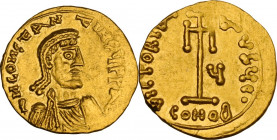 Constans II (641-668). AV Tremissis, Syracuse mint, 649-655 AD. Obv. ∂N CON(N inverted)STAN(N inverted)-TIN[ς?]Ч P P AV. Diademed and draped bust righ...
