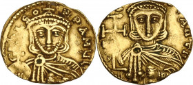 Leo III, the Isaurian (717-720). AV Tremissis, Syracuse mint. Obv. [ ]LEON PAMYL. Facing crowned and draped bust, holding globus cruciger and akakia. ...