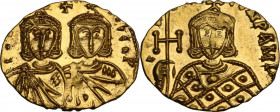 Constantine V Copronymus with Leo IV (741-775). AV Solidus, Syracuse mint. Obv. CON[TAN] LЄO[?] Facing busts of Constantine V and Leo IV, each wearing...