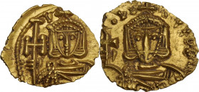 Constantine V Copronymus with Leo IV (741-775). AV Tremissis, Syracuse mint. Obv. [CONST...] Facing crowned and draped bust of Constantine, holding cr...