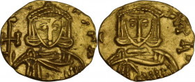 Constantine V Copronymus with Leo IV (741-775). AV Tremissis, Syracuse mint. Obv. [ ] NSTA. Facing crowned and draped bust of Constantine, holding cro...