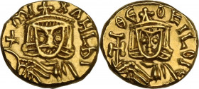 Michael II the Amorian, with Theophilus (820-829). AV Tremissis, Syracuse mint, 821-829 AD. Obv. MI XAHL ЬI. Crowned facing bust of Michael II, wearin...