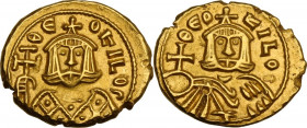 Theophilus (829-842). AV Solidus, Syracuse mint. Obv. ΘEOFILOS. Crowned facing bust of Theophilus, wearing loros, holding cross potent. Rev. ΘEOFILOS....