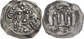 Aquileia. Frisacensi (seconda metà XII sec.). Denaro. D/ Busto rozzo di fronte tra due globetti; sopra, quattro globetti accostati; a sinistra, pastor...