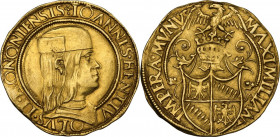 Bologna. Giovanni II Bentivoglio (1494-1509). Doppio ducato. D/ Busto a destra con berretto. R/ Stemma Bentivoglio sormontato da aquila stante su elmo...