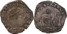 Brindisi. Ferdinando I d'Aragona (1458-1494). Cavallo. D/ Testa a destra con corona radiata. R/ Cavallo gradiente a destra; sopra, rosetta; davanti co...