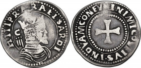 Cagliari. Filippo II di Spagna (1554-1598). Da 3 Reali. D/ Busto coronato a destra; dietro, C/III. R/ Croce patente entro cerchio perlinato. CNI 23; P...