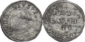 Castro. Pierluigi Farnese (1545-1547). Mezzo grosso. D/ Busto a sinistra a capo nudo, barbuto e corazzato. R/ DVX / CASTRI / * I * entro corona di due...