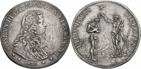 Firenze. Cosimo III de' Medici (1670-1723). Piastra I tipo, 1678. D/ Busto con lunga capigliatura volto a destra. R/ S. Giovanni a destra che battezza...