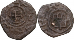 Gaeta. Tancredi (1189-1194). Follaro. D/ Croce potenziata accantonata da quattro globetti. R/ Castello stilizzato. CNI 1/3; Cf. Travaini 1995 407; Cf....