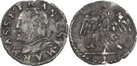 Massa Lombarda. Francesco d'Este (1550-1578). Sesino. D/ Busto a sinistra corazzato. R/ Aquila ad ali spiegate volta a sinistra. CNI 77; Rav. Mor. 11;...