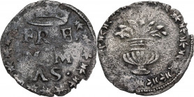 Massa Lombarda. Francesco d'Este (1550-1578). Quattrino ad imitazione di quello pesarese di Guidobaldo II. D/ FR E / M M / AS sormontato da corona in ...