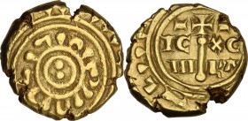 Messina. Federico II di Svevia (1197-1250). Multiplo di tarì. D/ Due globetti disposti verticalmente; attorno, legenda pseudocufica. R/ Croce processi...