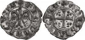 Messina o Palermo. Federico II di Svevia (1197-1250). Denaro. D/ Aquila ad ali spiegate volta a sinistra. R/ Croce patente accantonata da fiordalisi. ...