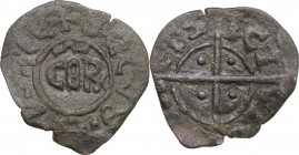 Messina. Corrado II ( Corradino) (1254-1258). Denaro. D/ Monogramma di Corradino (?). R/ Croce intersecante la legenda accantonata da quattro globetti...