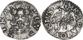 Napoli. Carlo V d'Asburgo (1516-1556). Cinquina. D/ Colonne d'Ercole su onde; sopra, corona; in mezzo, rosetta. R/ Tosone sospeso a destra; sotto, A. ...