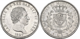 Carlo Felice (1821-1831). 5 lire 1827 Torino. Pag. 73; Mont. 63. AG. 37.00 mm. Segnetti al diritto, altrimenti SPL.