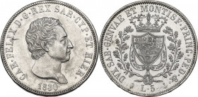Carlo Felice (1821-1831). 5 lire 1830 Genova. Pag. 78; Mont. 71. AG. 37.00 mm. Conservazione eccezionale. qFDC/FDC.