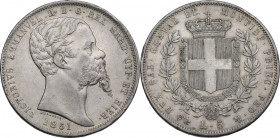 Vittorio Emanuele II (1849-1861). 5 lire 1851 Genova. Pag. 372; Mont. 43. AG. 37.00 mm. Segnetti Bel BB.