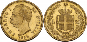 Umberto I (1878-1900). 20 lire 1882 1 su 1 capovolto. Cf. Pag. 578; Mont. 17b; Fried. 21. AU. 21.00 mm. RRR. qFDC.