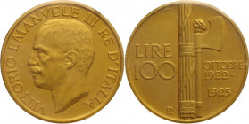 Vittorio Emanuele III (1900-1943). 100 lire 1923. Pag. 644; Mont. 14. AU. 32.25 g. 35.00 mm. RR. Asse spostato di 15°. Insolita conservazione per ques...