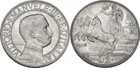 Vittorio Emanuele III (1900-1943). 2 lire 1908. Pag. 732; Mont. 147. AG. 27.00 mm. SPL+.