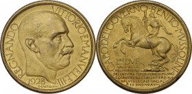 Vittorio Emanuele III (1900-1943). 2 Lire 1928 "Fiera di Milano". Mont. 9. AE dorato. 29.50 mm. R. Conservazione altissima. qFDC.