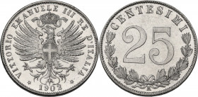 Vittorio Emanuele III (1900-1943). 25 centesimi 1902. Pag. 827; Mont. 273. NI. 21.50 mm. R. Conservazione altissima per questo tipo di esemplare. Fond...