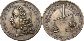 Carlo Emanuele III (1730-1773). Medaglia per la liberazione di Alessandria, 1746. D/ CAR I M D G REX SAR CYP ET IER. Testa a sinistra. R/ ARX ALEX LIB...