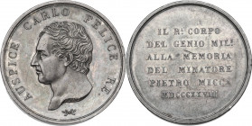 Carlo Felice (1821-1831). Medaglia 1828. D/ AUSPICE CARLO FELICE RE. Testa a sinistra. R/ IL RICORDO/ DEL GENIO MIL.e/ ALLA MEMORIA/ DEL MINATORE/ PIE...