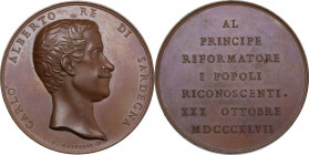 Carlo Alberto (1831-1849). Medaglia 1847. D/ CARLO ALBERTO RE DI SARDEGNA. Busto a destra a testa nuda. R/ AL/ PRINCIPE/ RIFORMATORE/ I POPOLI/ RICONO...