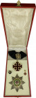 Ordine Equestre del Santo Sepolcro di Gerusalemme. Croce d'ordinanza con nastro da collo in seta nera con trofeo militare dorato e placca da Commendat...