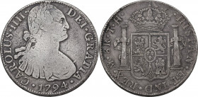 Mexico. Charles IV (1788-1808). 8 reales 1794 TH, Mexico City. Cf. KM 109. AR. 26.37 g. 38.00 mm. RR. Very rare. The combination mint mark and assayer...