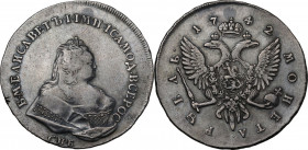 Russia. Elizabeth (1741-1761). Rouble 1742 СПБ, St. Petersburg mint. Bitkin 243. AR. 25.67 g. 44.00 mm. Dark toning. Holed and plugged. VF.