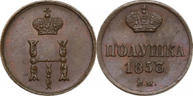 Russia. Nicholas I (1826-1855). Polushka 1853 BM. Bitkin 881. AE. 1.28 g. 14.50 mm. RR. MS. Encapsulated CCG MS 60.