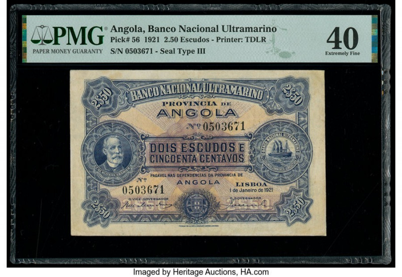 Angola Banco Nacional Ultramarino 2.50 Escudos 1.1.1921 Pick 56 PMG Extremely Fi...