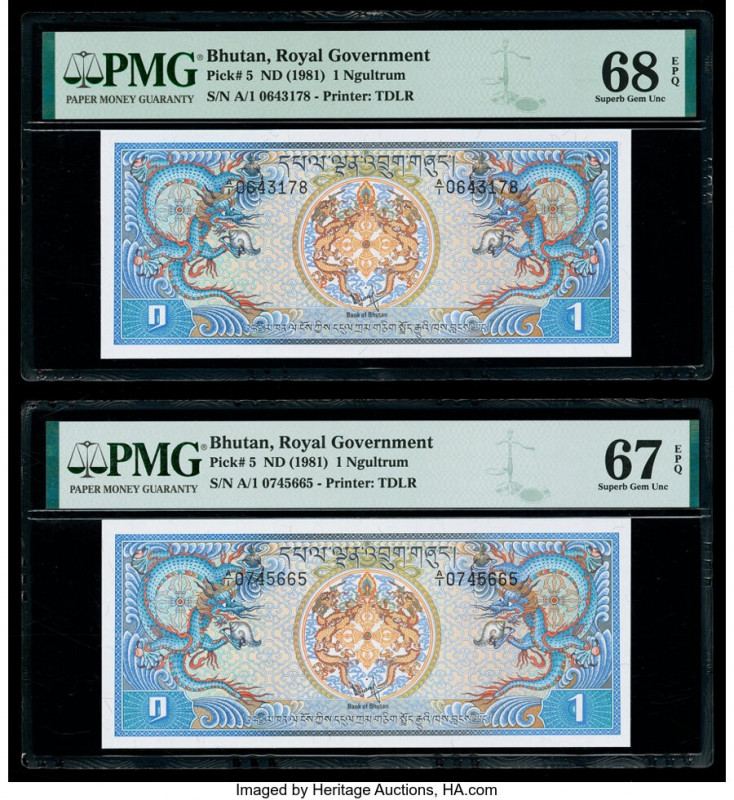 Bhutan Royal Government 1 Ngultrum ND (1981) Pick 5 Two Examples PMG Superb Gem ...