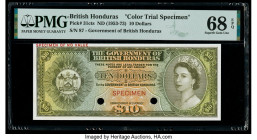 British Honduras Government of British Honduras 10 Dollars ND (1953-73) Pick 31cts Color Trial Specimen PMG Superb Gem Unc 68 EPQ. Red Specimen overpr...
