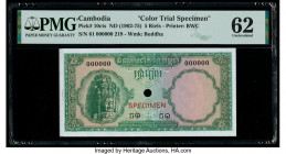 Cambodia Banque Nationale du Cambodge 5 Riels ND (1962-75) Pick 10cts Color Trial Specimen PMG Uncirculated 62. Red Specimen overprints, previous moun...