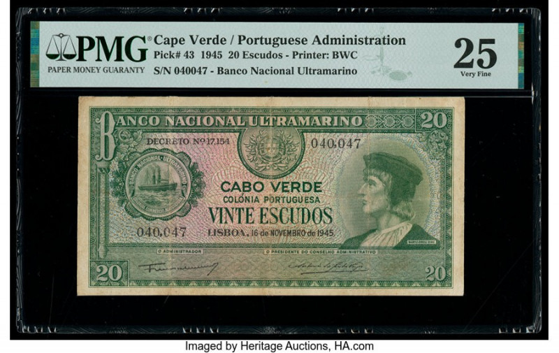Cape Verde Banco Nacional Ultramarino 20 Escudos 16.11.1945 Pick 43 PMG Very Fin...