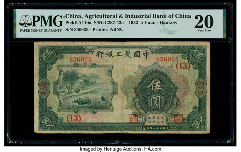 China Agricultural & Industrial Bank of China, Hankow 5 Yuan 1932 Pick A110a S/M...