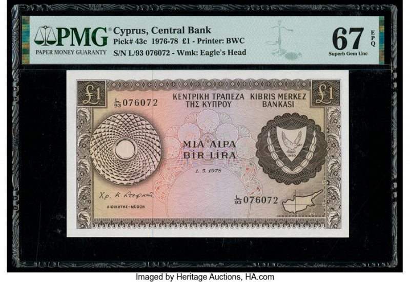 Cyprus Central Bank of Cyprus 1 Pound 1.5.1978 Pick 43c PMG Superb Gem Unc 67 EP...