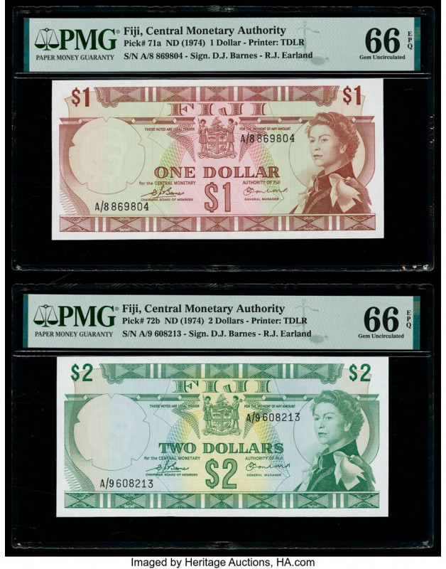 Fiji Central Monetary Authority 1; 2 Dollars ND (1974) Pick 71a; 72b Two Example...