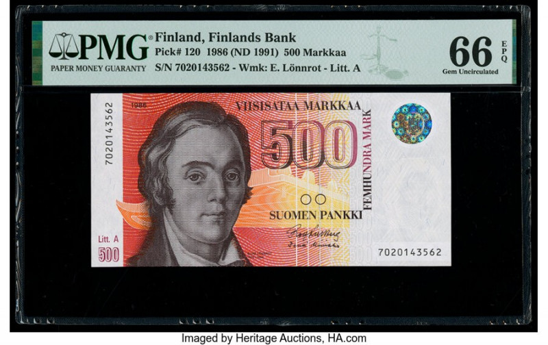 Finland Finlands Bank 500 Markkaa 1986 (ND 1991) Pick 120 PMG Gem Uncirculated 6...