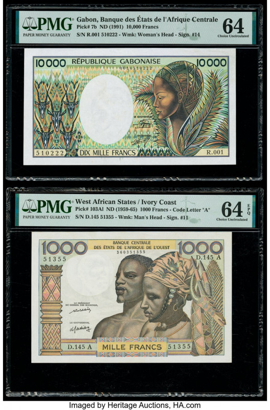 Gabon Banque des Etats de l'Afrique Centrale 10,000 Francs ND (1991) Pick 7b PMG...